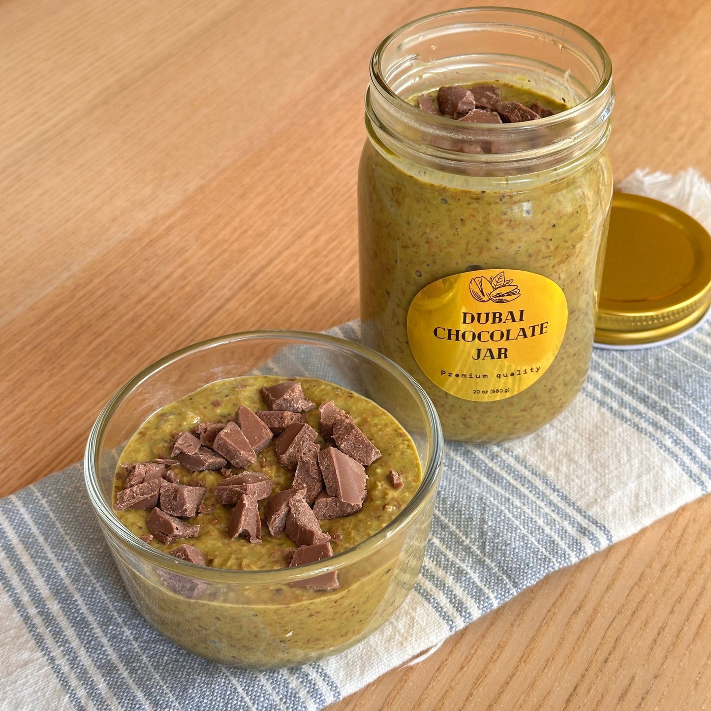 Dubai Chocolate in a Glass Jar (20 oz) with Chocolate Chunks.