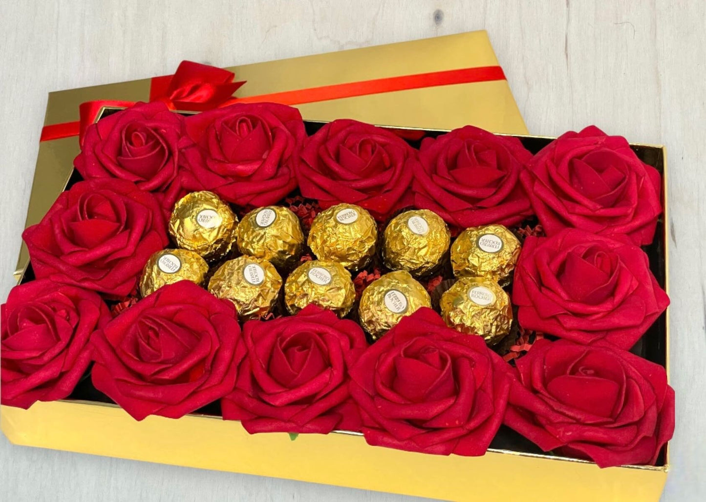 Red Rose and Ferrero Gifbox. Ferrero Rocher Artificial Roses Gift for birthday. Gift for Mom Valentines, Anniversary, Proposal gift for her.