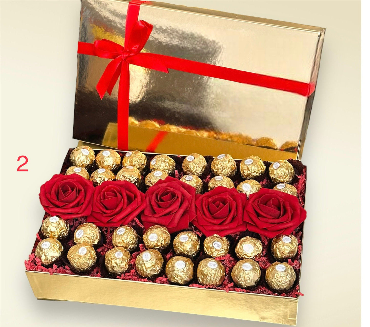 Luxury Golden Box with Ferrero Rocher and Red Roses Gift. Chocolate Giftbox. Birthday gift, Anniversary gift, Thank you gift, Get well gift.