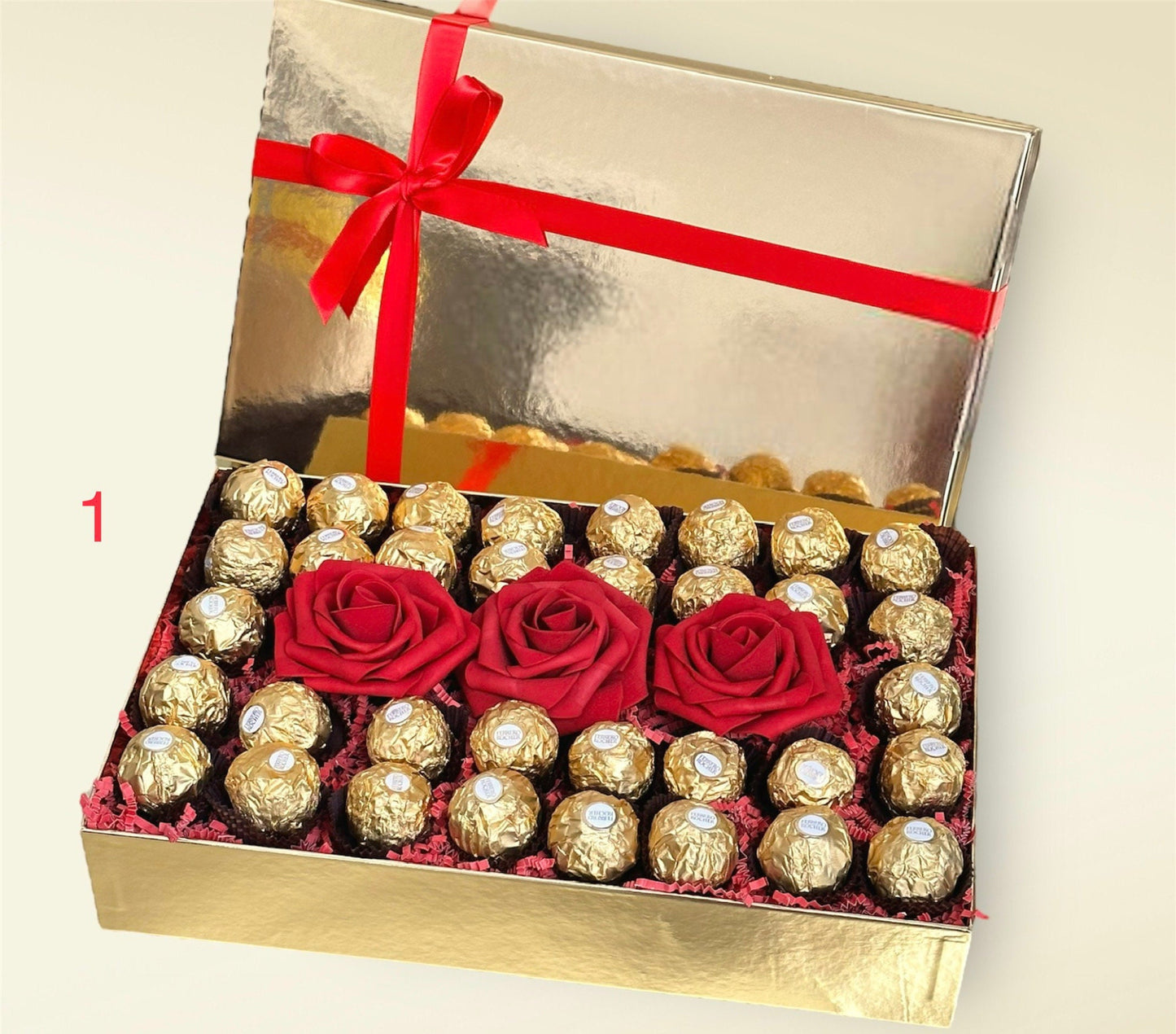 Luxury Golden Box with Ferrero Rocher and Red Roses Gift. Chocolate Giftbox. Birthday gift, Anniversary gift, Thank you gift, Get well gift.
