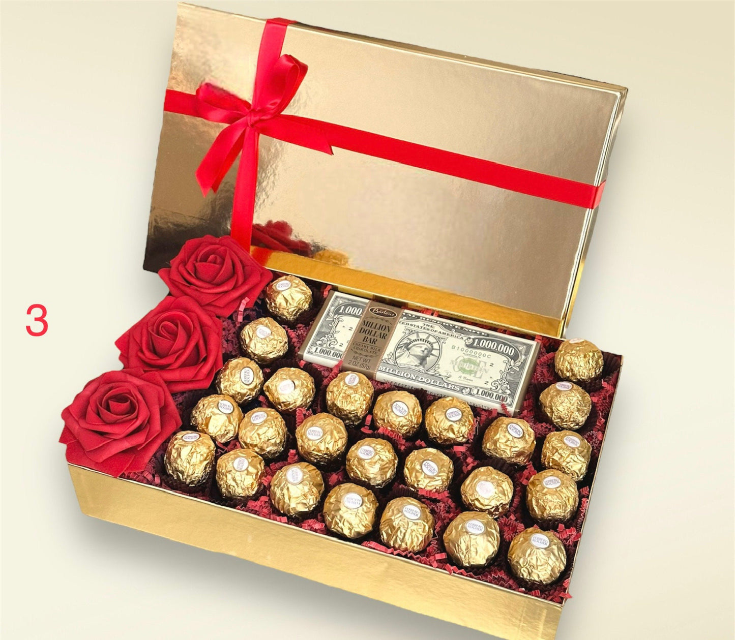 Luxury Golden Box with Ferrero Rocher and Red Roses Gift. Chocolate Giftbox. Birthday gift, Anniversary gift, Thank you gift, Get well gift.