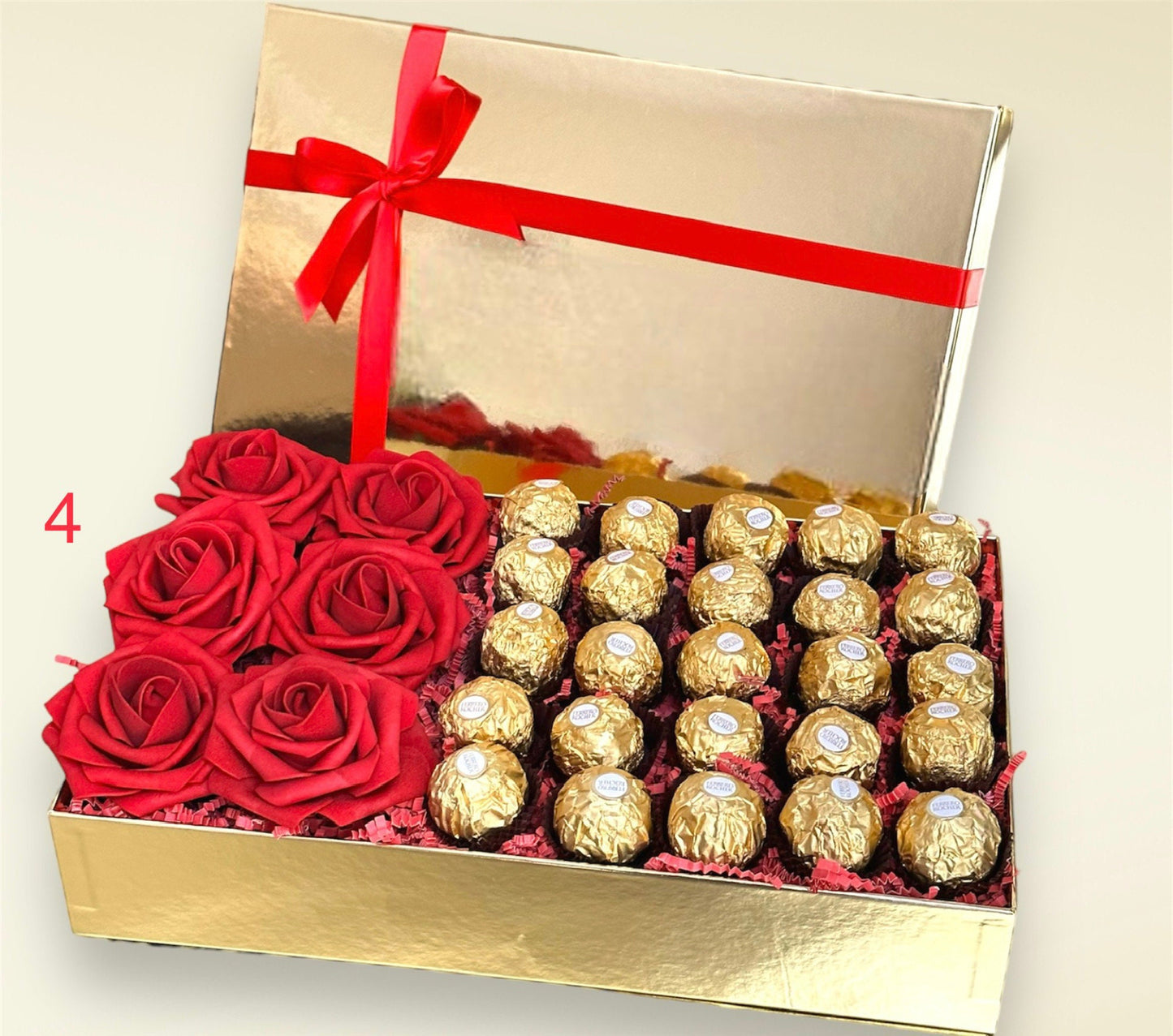 Luxury Golden Box with Ferrero Rocher and Red Roses Gift. Chocolate Giftbox. Birthday gift, Anniversary gift, Thank you gift, Get well gift.