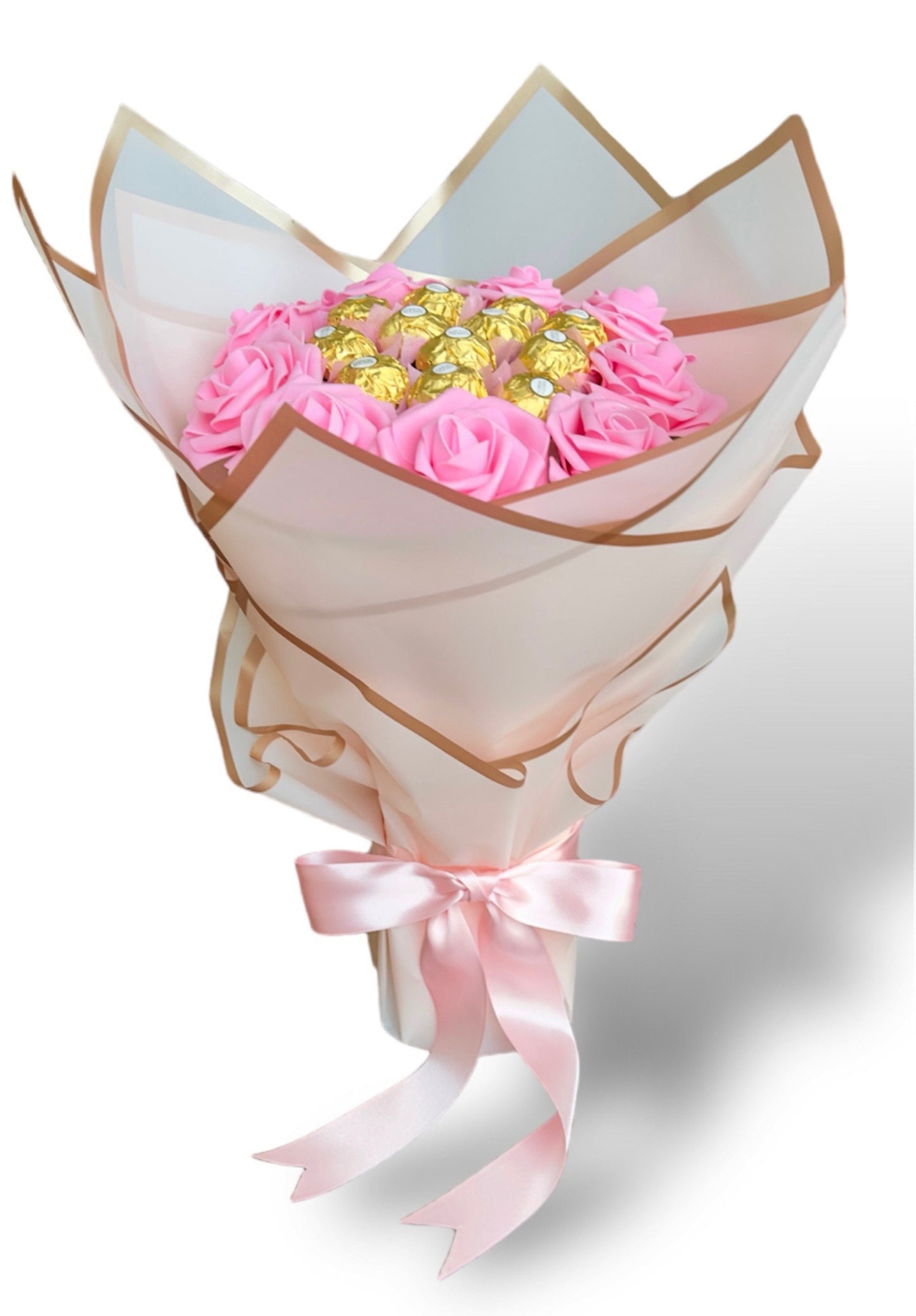 Pink Roses Bouquet with Ferrero Rocher Chocolotes. Gift for Mother, Friend, Birthday or Any occasions. Thank you, Get well Bouquet