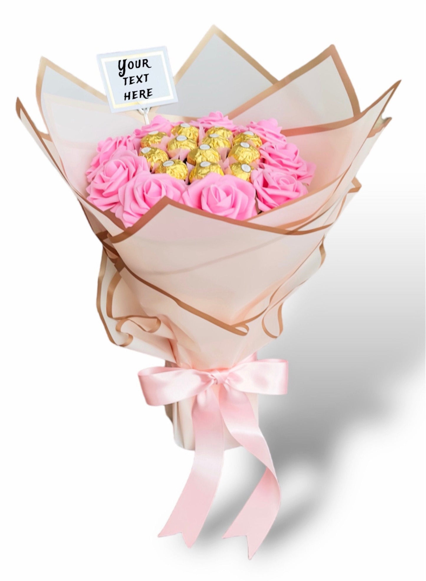 Pink Roses Bouquet with Ferrero Rocher Chocolotes. Gift for Mother, Friend, Birthday or Any occasions. Thank you, Get well Bouquet